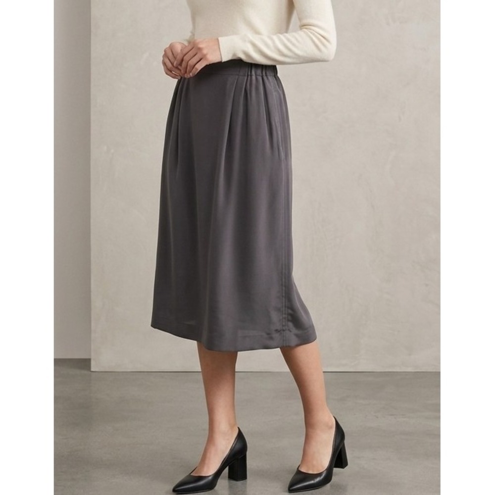 Anne Klein II Vintage 8 Charcoal Gray 100% Silk Pleated Midi Skirt Elastic Waist